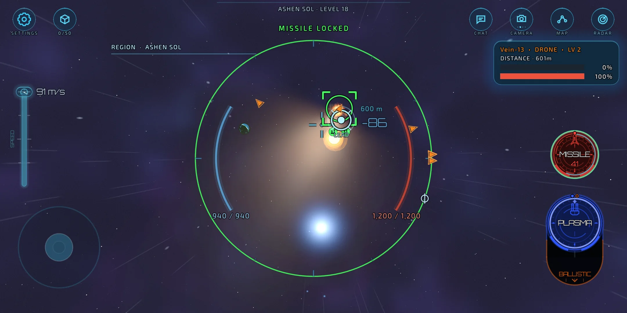 Huia III fighter locking a drone in Ashen Sol, with the current mobile flight controls and target HUD.