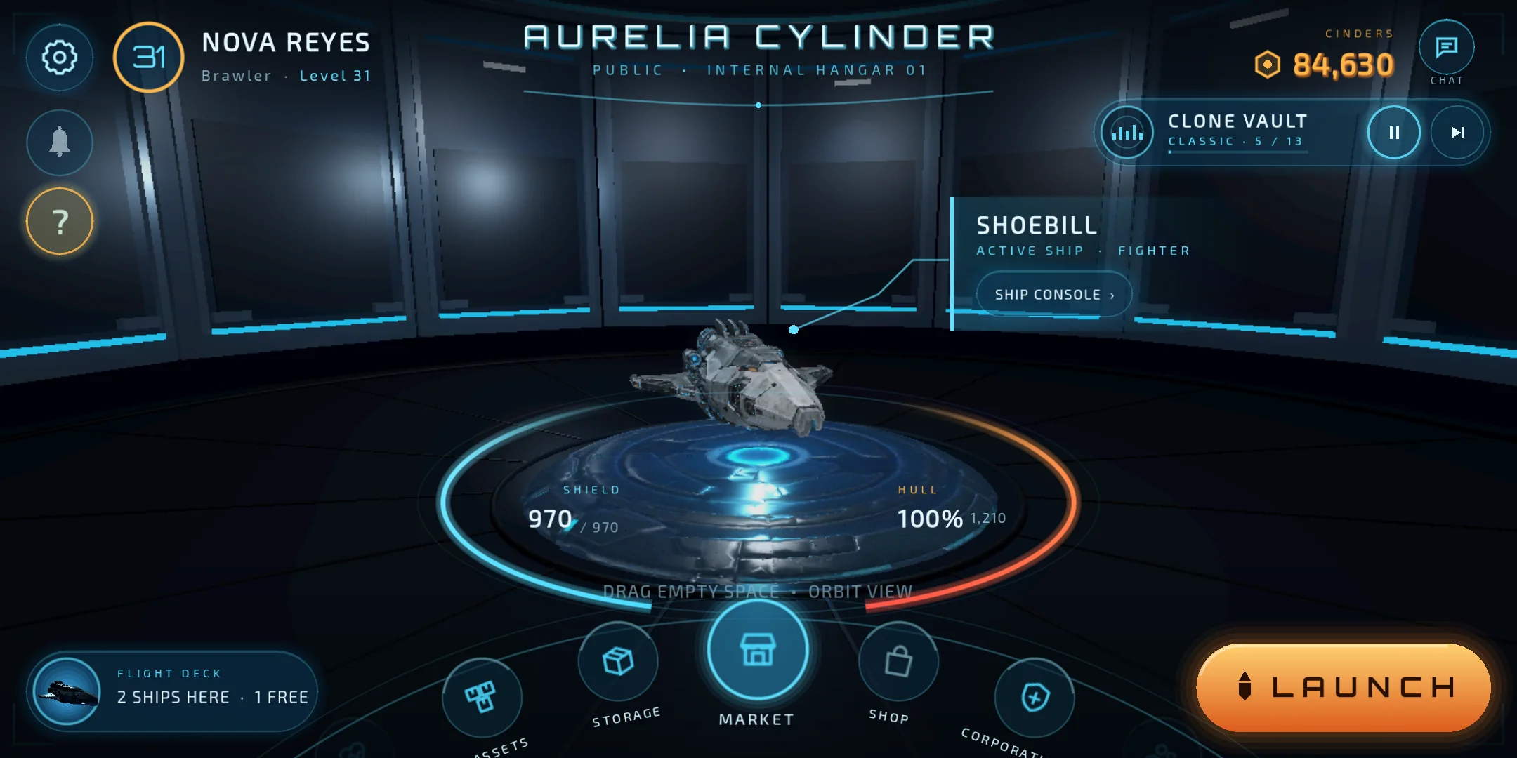 ShoeBill in the Aurelia Cylinder hangar with station services and Launch action.