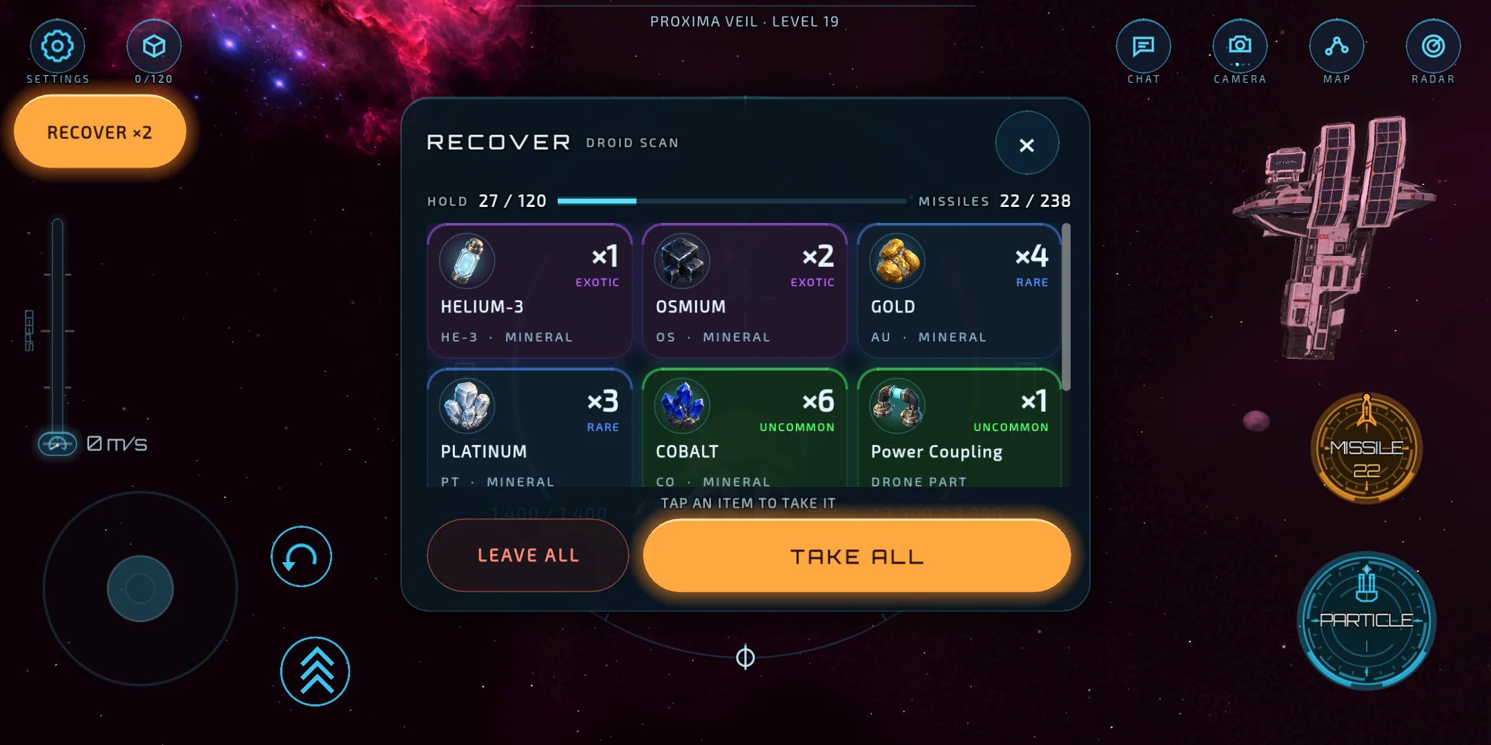 Recover panel listing minerals and salvage over the flight view in Proxima Veil.